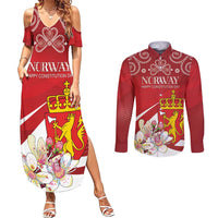 Personalized Norway Constitution Day Couples Matching Summer Maxi Dress and Long Sleeve Button Shirt Norwegian Lion Pyramidal Saxifrage