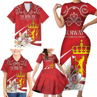 Personalized Norway Constitution Day Family Matching Short Sleeve Bodycon Dress and Hawaiian Shirt Norwegian Lion Pyramidal Saxifrage