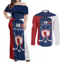 Custom France Hockey Couples Matching Off Shoulder Maxi Dress and Long Sleeve Button Shirt Les Bleus Go Champions