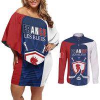 Custom France Hockey Couples Matching Off Shoulder Short Dress and Long Sleeve Button Shirt Les Bleus Go Champions