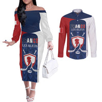 Custom France Hockey Couples Matching Off The Shoulder Long Sleeve Dress and Long Sleeve Button Shirt Les Bleus Go Champions