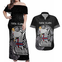 Personalized Viking Faroe Islands Couples Matching Off Shoulder Maxi Dress and Hawaiian Shirt Valhalla Viking Pattern