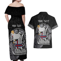 Personalized Viking Faroe Islands Couples Matching Off Shoulder Maxi Dress and Hawaiian Shirt Valhalla Viking Pattern