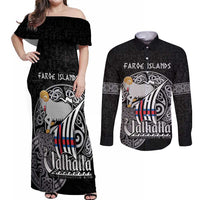 Personalized Viking Faroe Islands Couples Matching Off Shoulder Maxi Dress and Long Sleeve Button Shirt Valhalla Viking Pattern
