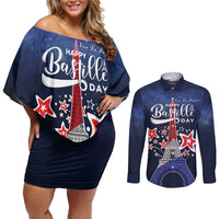 Personalized Happy Bastille Day Couples Matching Off Shoulder Short Dress and Long Sleeve Button Shirt Vive la France!