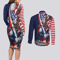 French American Heritage Month Couples Matching Long Sleeve Bodycon Dress and Long Sleeve Button Shirt Gallic Rooster And Bald Eagle