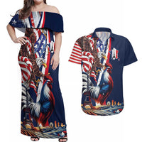French American Heritage Month Couples Matching Off Shoulder Maxi Dress and Hawaiian Shirt Gallic Rooster And Bald Eagle