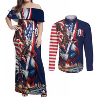French American Heritage Month Couples Matching Off Shoulder Maxi Dress and Long Sleeve Button Shirt Gallic Rooster And Bald Eagle