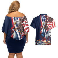 French American Heritage Month Couples Matching Off Shoulder Short Dress and Hawaiian Shirt Gallic Rooster And Bald Eagle
