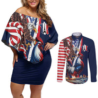 French American Heritage Month Couples Matching Off Shoulder Short Dress and Long Sleeve Button Shirt Gallic Rooster And Bald Eagle