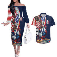 French American Heritage Month Couples Matching Off The Shoulder Long Sleeve Dress and Hawaiian Shirt Gallic Rooster And Bald Eagle