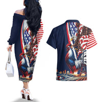 French American Heritage Month Couples Matching Off The Shoulder Long Sleeve Dress and Hawaiian Shirt Gallic Rooster And Bald Eagle