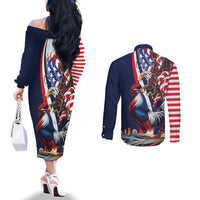 French American Heritage Month Couples Matching Off The Shoulder Long Sleeve Dress and Long Sleeve Button Shirt Gallic Rooster And Bald Eagle