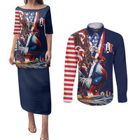 French American Heritage Month Couples Matching Puletasi and Long Sleeve Button Shirt Gallic Rooster And Bald Eagle