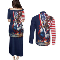 French American Heritage Month Couples Matching Puletasi and Long Sleeve Button Shirt Gallic Rooster And Bald Eagle