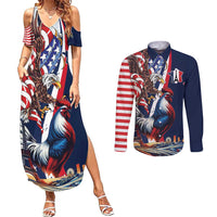 French American Heritage Month Couples Matching Summer Maxi Dress and Long Sleeve Button Shirt Gallic Rooster And Bald Eagle