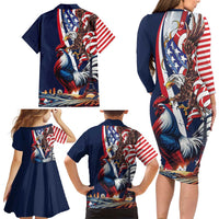 French American Heritage Month Family Matching Long Sleeve Bodycon Dress and Hawaiian Shirt Gallic Rooster And Bald Eagle