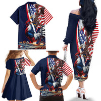 French American Heritage Month Family Matching Off The Shoulder Long Sleeve Dress and Hawaiian Shirt Gallic Rooster And Bald Eagle