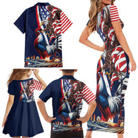 French American Heritage Month Family Matching Short Sleeve Bodycon Dress and Hawaiian Shirt Gallic Rooster And Bald Eagle