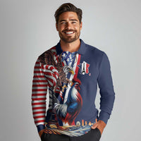 French American Heritage Month Long Sleeve Polo Shirt Gallic Rooster And Bald Eagle