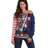French American Heritage Month Off Shoulder Sweater Gallic Rooster And Bald Eagle