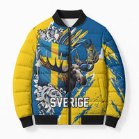 Sweden Flag Day Bomber Puffer Jacket Majestic Elk Floral Nordic Heritage