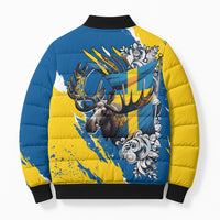 Sweden Flag Day Bomber Puffer Jacket Majestic Elk Floral Nordic Heritage