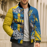 Sweden Flag Day Bomber Puffer Jacket Majestic Elk Floral Nordic Heritage