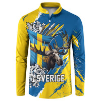 Sweden Flag Day Button Sweatshirt Majestic Elk Floral Nordic Heritage