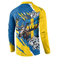 Sweden Flag Day Button Sweatshirt Majestic Elk Floral Nordic Heritage