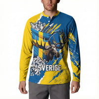 Sweden Flag Day Button Sweatshirt Majestic Elk Floral Nordic Heritage