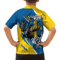Sweden Flag Day Kid Hawaiian Shirt Majestic Elk Floral Nordic Heritage