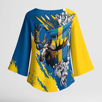 Sweden Flag Day Kimono Sleeve Blouse Majestic Elk Floral Nordic Heritage