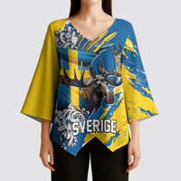 Sweden Flag Day Kimono Sleeve Blouse Majestic Elk Floral Nordic Heritage