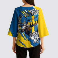 Sweden Flag Day Kimono Sleeve Blouse Majestic Elk Floral Nordic Heritage