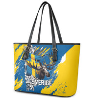 Sweden Flag Day Leather Tote Bag Majestic Elk Floral Nordic Heritage