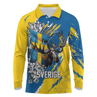 Sweden Flag Day Long Sleeve Polo Shirt Majestic Elk Floral Nordic Heritage