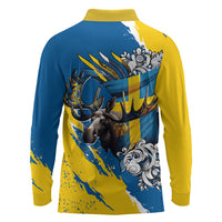 Sweden Flag Day Long Sleeve Polo Shirt Majestic Elk Floral Nordic Heritage