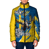 Sweden Flag Day Padded Jacket Majestic Elk Floral Nordic Heritage