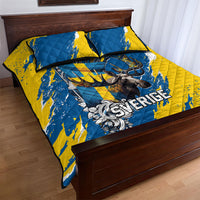 Sweden Flag Day Quilt Bed Set Majestic Elk Floral Nordic Heritage