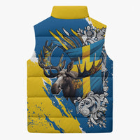 Sweden Flag Day Sleeveless Puffer Jacket Majestic Elk Floral Nordic Heritage