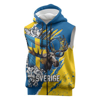 Sweden Flag Day Sleeveless Zip Hoodie Majestic Elk Floral Nordic Heritage
