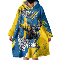 Sweden Flag Day Wearable Blanket Hoodie Majestic Elk Floral Nordic Heritage