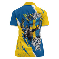 Sweden Flag Day Women Polo Shirt Majestic Elk Floral Nordic Heritage