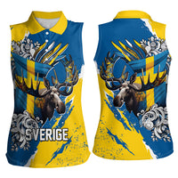 Sweden Flag Day Women Sleeveless Polo Shirt Majestic Elk Floral Nordic Heritage