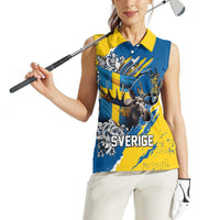 Sweden Flag Day Women Sleeveless Polo Shirt Majestic Elk Floral Nordic Heritage