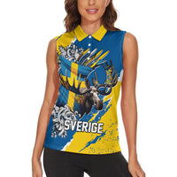 Sweden Flag Day Women Sleeveless Polo Shirt Majestic Elk Floral Nordic Heritage