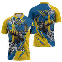 Sweden Flag Day Zipper Polo Shirt Majestic Elk Floral Nordic Heritage