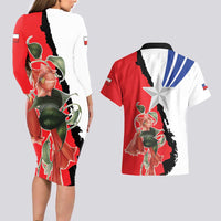 Chile Lapageria Rosea Couples Matching Long Sleeve Bodycon Dress and Hawaiian Shirt With Flag Color - Wonder Print Shop