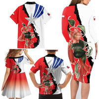 Chile Lapageria Rosea Family Matching Long Sleeve Bodycon Dress and Hawaiian Shirt With Flag Color - Wonder Print Shop